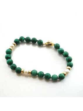 Vintage Malachite Pearl Beaded Bracelet With Gold-Tone Accents